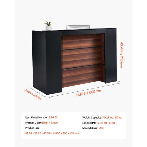 VEVOR 62 Inch Reception Desk, Rectangular Front Counter Table, Office Reception Desk Front Retail Counter with LED Light, for Checkout, Beauty Salon