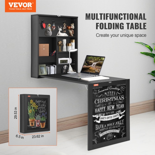 VEVOR Wall Mounted Desk, Fold out Convertible Desk, Multi-Function Folding Wall Table with Chalkboard for Home Office, Space Saving Computer Desk