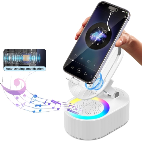 Wireless Induction Audio Bluetooth Speaker,5 in 1 Phone Holder with Wireless Charger,Rechargeable Foldable Phone Holder with Colorful Ambient Light