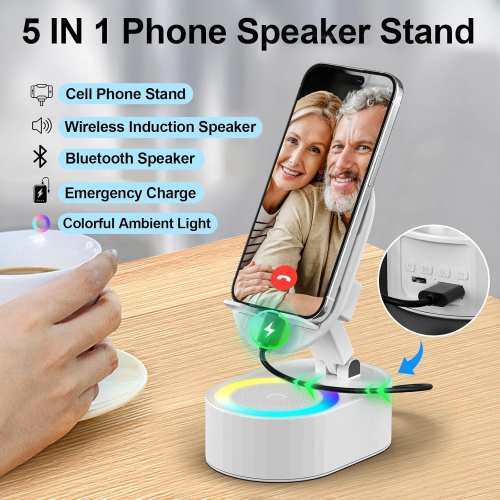 Wireless Induction Audio Bluetooth Speaker,5 in 1 Phone Holder with Wireless Charger,Rechargeable Foldable Phone Holder with Colorful Ambient Light