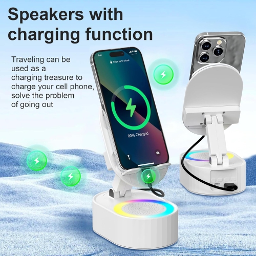 Wireless Induction Audio Bluetooth Speaker,5 in 1 Phone Holder with Wireless Charger,Rechargeable Foldable Phone Holder with Colorful Ambient Light