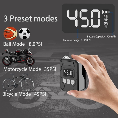 Mini-pompe de gonflage de pneus de vélo avec manomètre numérique, arrêt automatique C-Type Function. Pompe à air électrique pour vélo, motocyclettes