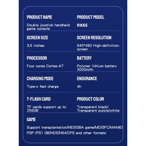 New RX6S open source handheld game console Linux system Retro classic arcade PSP PX6S retro handheld game console 3.5-inch HD IPS screen 64GB large
