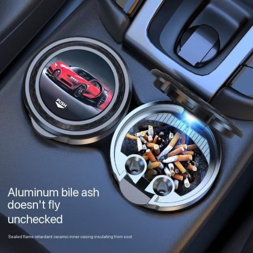 Car supplies, car ashtray, multifunctional LED light with lid for car use, portable one-button opening personality and creativity - silver