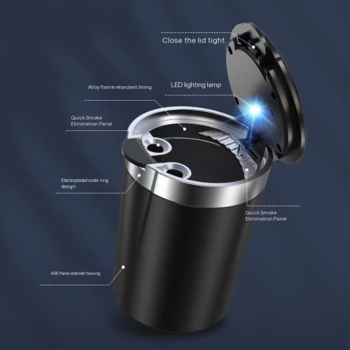 Car supplies, car ashtray, multifunctional LED light with lid for car use, portable one-button opening personality and creativity - black