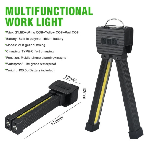 Foldable COB Work Light, Portable Magnetic Gym Light, USB Rechargeable LED Flashlight and Camping Light for Traveling