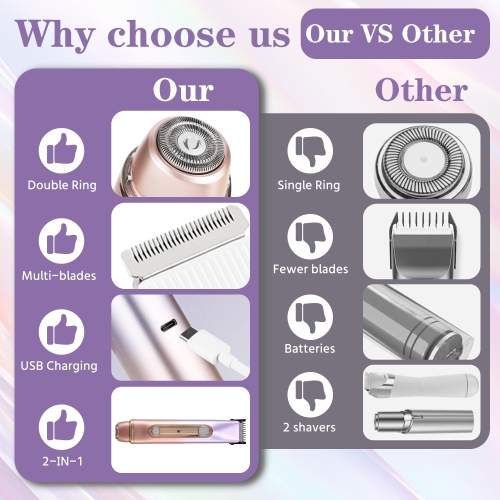 2 in 1 Women Electric Shaver Dual Head Bikini Trimmer IPX7 Waterproof Wet & Dry Use Body Remover for Bikini, Underarm Leg, Private Area, Arm, Body,
