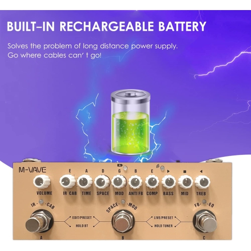 Modulation guitar pedal, rechargeable multi-effects pedal for electric bass, recording guitar, audio interface functions-for acoustic guitar