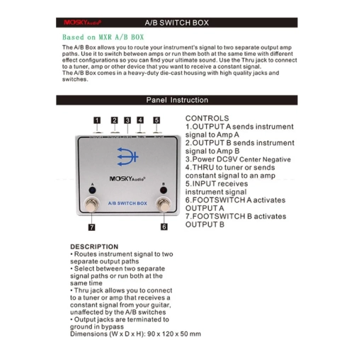 Guitar pedal effects|A/B channel switch|Dual signal selection|9V power supply|Universal for guitar/bass|Metal body