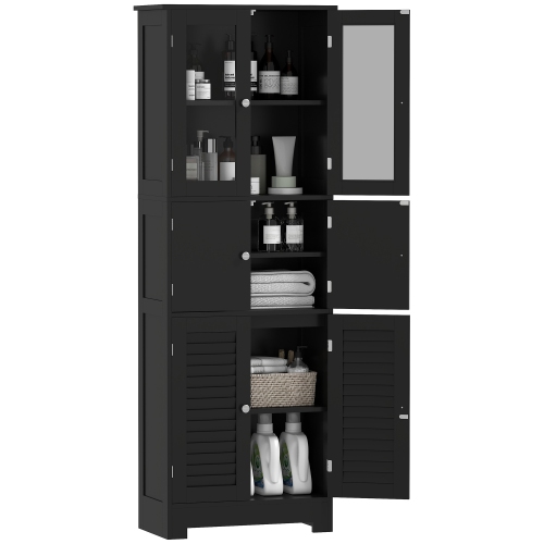 HOMCOM Tall Bathroom Cabinet, Bathroom Storage Cabinet With Glass/Louvred Doors and Adjustable Shelf, Linen Cabinet, Black