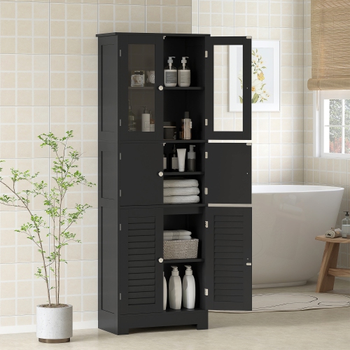HOMCOM Tall Bathroom Cabinet, Bathroom Storage Cabinet With Glass/Louvred Doors and Adjustable Shelf, Linen Cabinet, Black