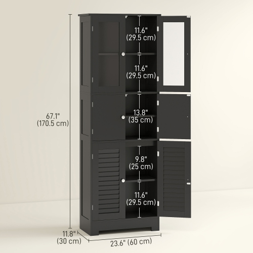 HOMCOM Tall Bathroom Cabinet, Bathroom Storage Cabinet With Glass/Louvred Doors and Adjustable Shelf, Linen Cabinet, Black