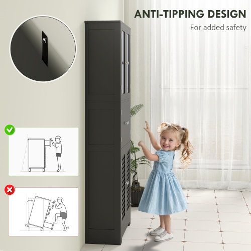 HOMCOM Tall Bathroom Cabinet, Bathroom Storage Cabinet With Glass/Louvred Doors and Adjustable Shelf, Linen Cabinet, Black