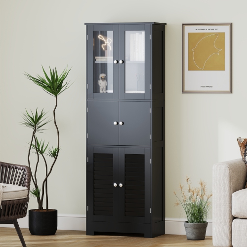 HOMCOM Tall Bathroom Cabinet, Bathroom Storage Cabinet With Glass/Louvred Doors and Adjustable Shelf, Linen Cabinet, Black