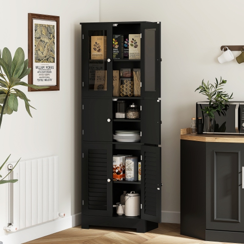 HOMCOM Tall Bathroom Cabinet, Bathroom Storage Cabinet With Glass/Louvred Doors and Adjustable Shelf, Linen Cabinet, Black