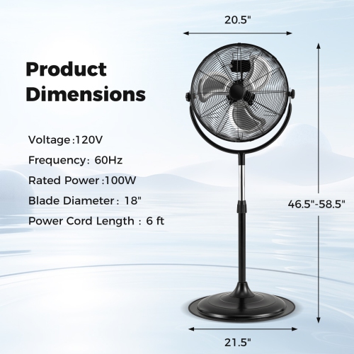 Gymax 18'' High Velocity Pedestal Fan w/3 Speeds 360 Degree Tilt & Adjustable Heigh for Home