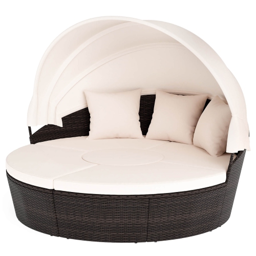 GYMAX  Patio Round Daybed Pe Rattan Cushioned Sectional Seating W/ Retractable Canopy Outdoor