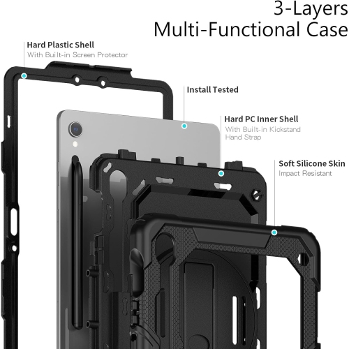 [CS] Shockproof Rugged Defender Kickstand Case Cover with Shoulder & Hand Strap for Samsung Tablet Tab S9 SM-X710 / S9 FE SM-X510 / S10 FE SM-X520