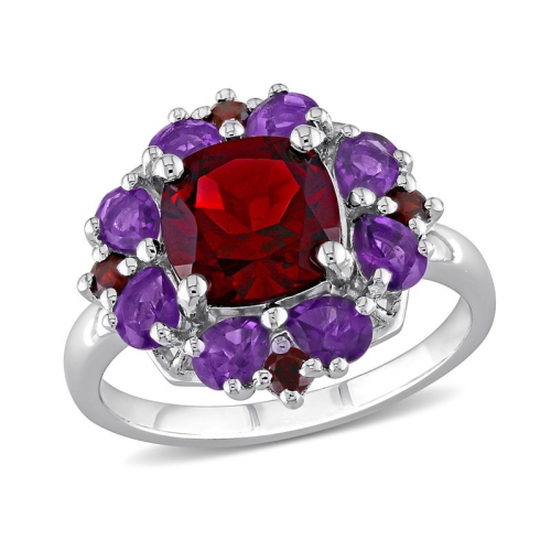 GEM AND HARMONY  4.44 Carat (Ctw) Garnet And Afrikan Amethyst Halo Ring In Sterling In Silver