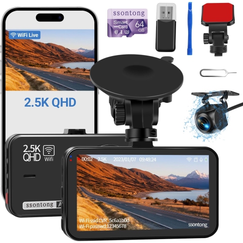 Dash Cam Front and Rear Camera, Dash Cam WiFi/APP Control Dashcam W/ 64GB Card, 2.5K Dashcam Front + 1080P Rear Car Dash Camera W/Super Night