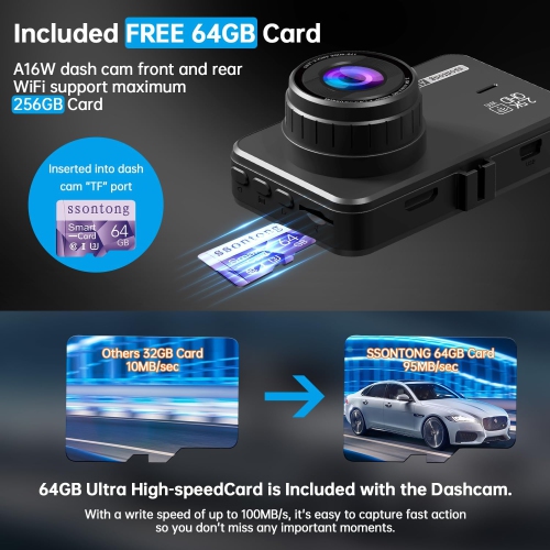 Dash Cam Front and Rear Camera, Dash Cam WiFi/APP Control Dashcam W/ 64GB Card, 2.5K Dashcam Front + 1080P Rear Car Dash Camera W/Super Night