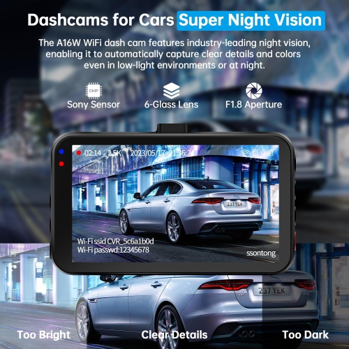 Dash Cam Front and Rear Camera, Dash Cam WiFi/APP Control Dashcam W/ 64GB Card, 2.5K Dashcam Front + 1080P Rear Car Dash Camera W/Super Night
