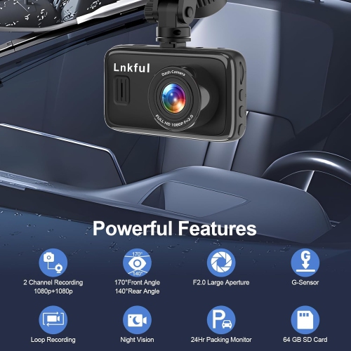 Dash Cam Front and Rear Camera,1080P Dual Dashcams for Cars with 64GB Card, Car Dashboard Camera with 3'' IPS Screen with Night Vision, G-Sensor,