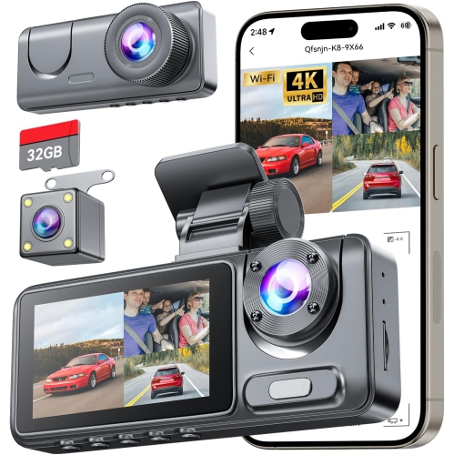 Dash Cam Front and Rear Camera, 4K HD 3 Channel Dash Camera for Cars with 32GB Card, Dash Cam with Night Vision, 2.0'' IPS Screen Dashcam with