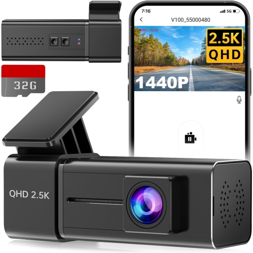 Dash Cam WiFi 2.5K Dashcam, Front Dash Camera for Cars, Mini Dashcams with App, Night Vision, G-Sensor, Loop Recording, 24H Parking Mode, Free 32G SD