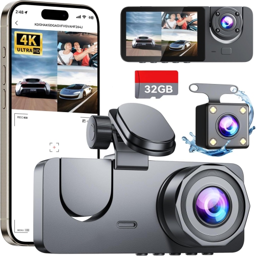 Dash Cam Front and Rear Camera, 4K Full HD Dash Camera Inside 3 Channel for Cars Built-in 32GB Card with Night Vision, Loop Recording, G-Sensor,