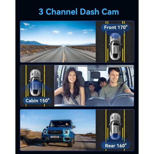 Dash Cam Front and Rear Camera, 4K Full HD Dash Camera Inside 3 Channel for Cars Built-in 32GB Card with Night Vision, Loop Recording, G-Sensor,