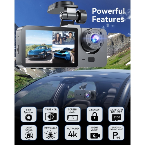 Dash Cam Front and Rear Camera, 4K Full HD Dash Camera Inside 3 Channel for Cars Built-in 32GB Card with Night Vision, Loop Recording, G-Sensor,