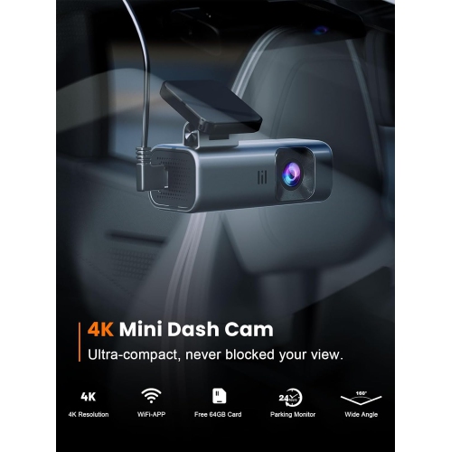 Dash Cam 4K WiFi Dashcam, 64GB Card Included, Dash Camera for Cars, Mini Dashcam for Cars with Super Night Vision, Loop Recording, G-Sensor, 24 Hours