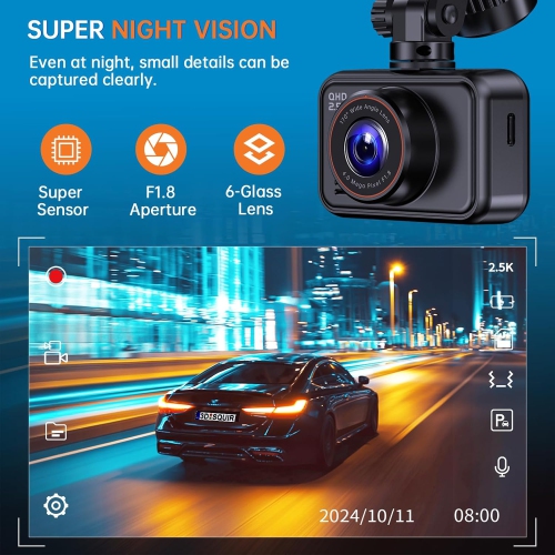 Dash Cam Front and Rear, 2.5K Dual Dash Camera for Cars, 2560P Mini Car Camera, 2 inch IPS Screen, 32GB Card Included, WDR Night Vision, 24 Hours