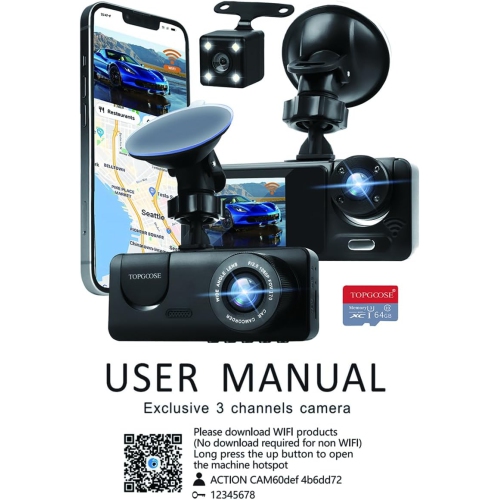 3 Channel Dash Cam WiFi FHD 1080P Car Camera 64GB TF Card,Front Dash Camera Front and Rear Inside for Cars,Mini Dashcams with Night Vision,Loop