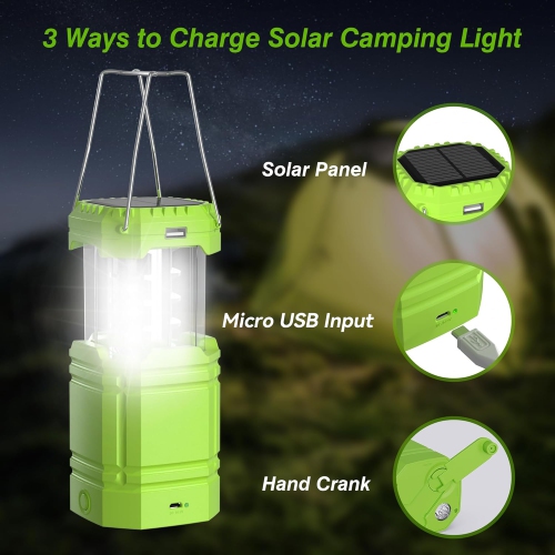 Camping Lantern, 3000mAh Rechargeable Battery Solar Hand Crank Powered Emergency Lights, Collapsible Portable Flashlight Camping Tent Light for