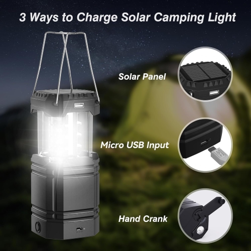 Camping Lantern, 3000mAh Rechargeable Battery Solar Hand Crank Powered Emergency Lights , Collapsible Portable Flashlight Camping Tent Light for