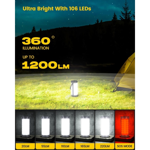 Camping Lantern Rechargeable, Up to 80Hrs, 5000mAh 106 LED Lantern with 5 Brightness 3 Modes & SOS, IP68 Waterproof, Max 1200LM, Camping Light for
