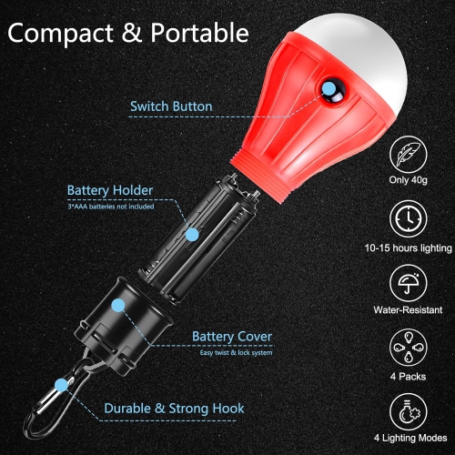 Camping Light [5 Pack], 4 Lighting Modes LED Camping Lantern Bulbs with Clip Hooks, Waterproof Portable Battery Operated Emergency Tent Light for