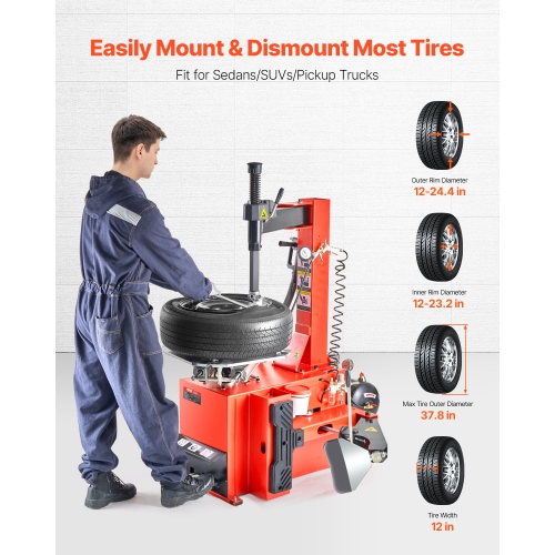 VEVOR 1.5HP Tire Changer Machine, Copper Motor, Durable Tire Changer with Air Pressure Gauge & Clamping Jaw Sheath, Pedal Operated Tire Changer with