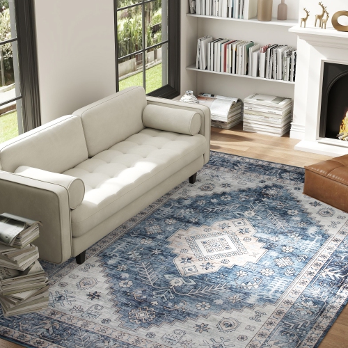 HOMCOM 6x9 Area Rug, Vintage Machine Washable Rug, Non-Slip Floor Carpet for Living Room, Bedroom, Dining Room, Home Office, Blue