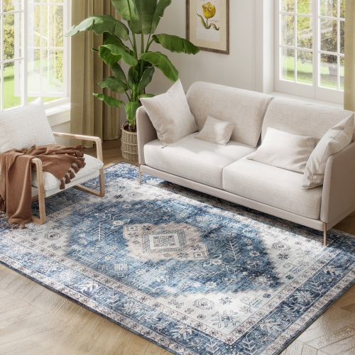 HOMCOM  5X7 Area Rug, Vintage Machine Washable Rug, Non-Slip Floor Carpet for Living Room, Bedroom, Dining Room, Home Office In Blue