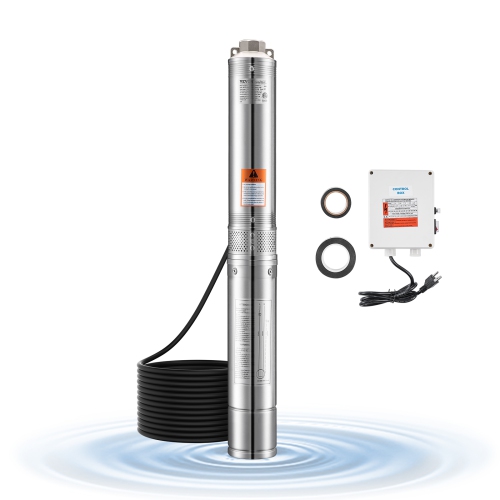 VEVOR 1 HP Deep Well Submersible Pump, Output Power, 115V, 31.7 GPM Flow 207 ft Head, with 32.81 ft Cord External Control Box, Stainless Steel Water