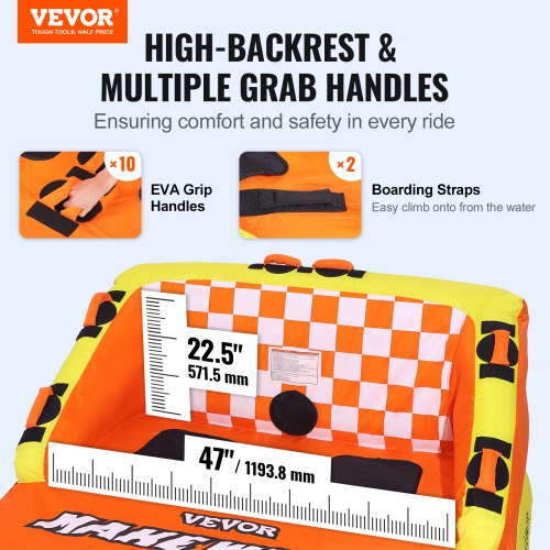 VEVOR 1-2 PersonTowable Tube for Boating, Riders Inflatable Towable Tubes with Deck Seats and Backrest, 340 lbs Water Sport Tube for Boat to Pull,