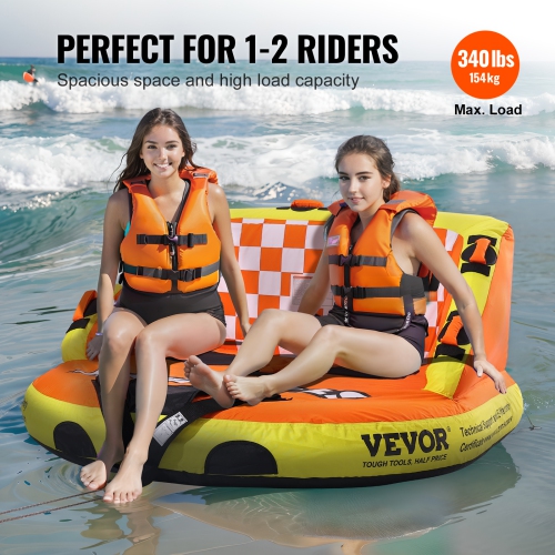 VEVOR 1-2 PersonTowable Tube for Boating, Riders Inflatable Towable Tubes with Deck Seats and Backrest, 340 lbs Water Sport Tube for Boat to Pull,