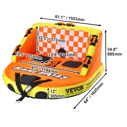 VEVOR 1-2 PersonTowable Tube for Boating, Riders Inflatable Towable Tubes with Deck Seats and Backrest, 340 lbs Water Sport Tube for Boat to Pull,