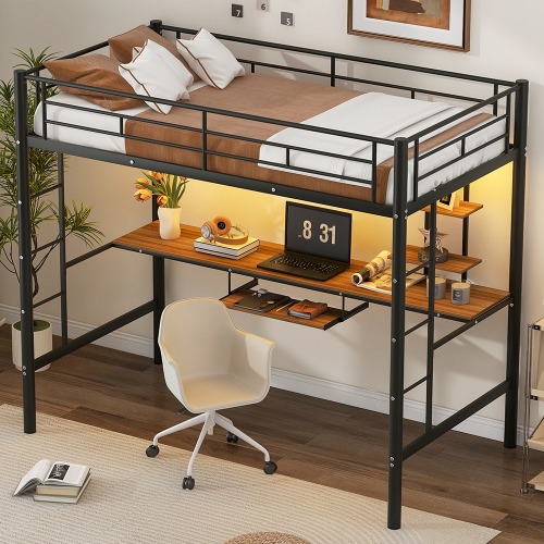 Lit mezzanine simple Kepooman avec bureau et tablette et éclairage LED