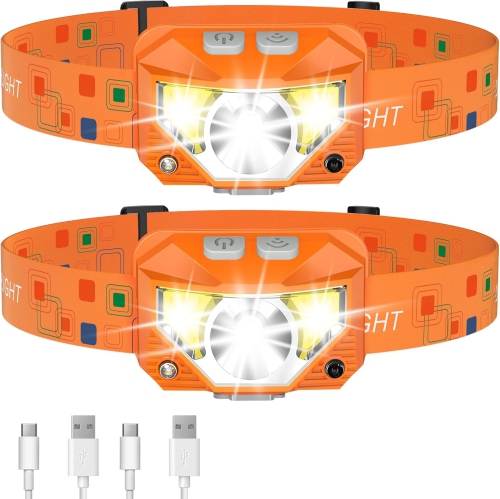 2-Pack Headlamp Flashlight, 1200 Lumen Ultra-Light Bright LED Rechargeable Headlight with White Red Light,Waterproof Motion Sensor Head Lamp for