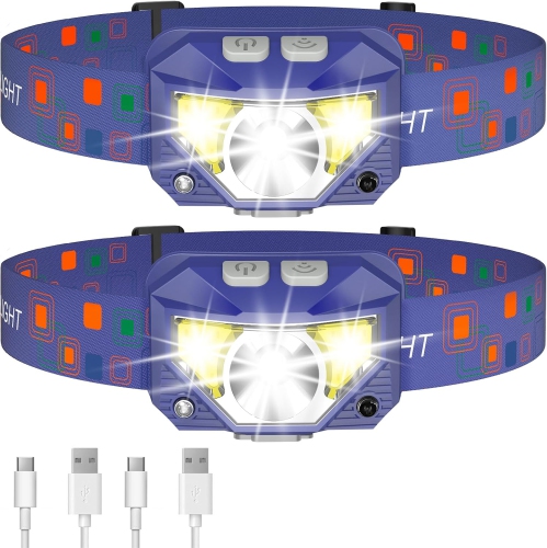 2-Pack Headlamp Flashlight, 1200 Lumen Ultra-Light Bright LED Rechargeable Headlight with White Red Light,Waterproof Motion Sensor Head Lamp for