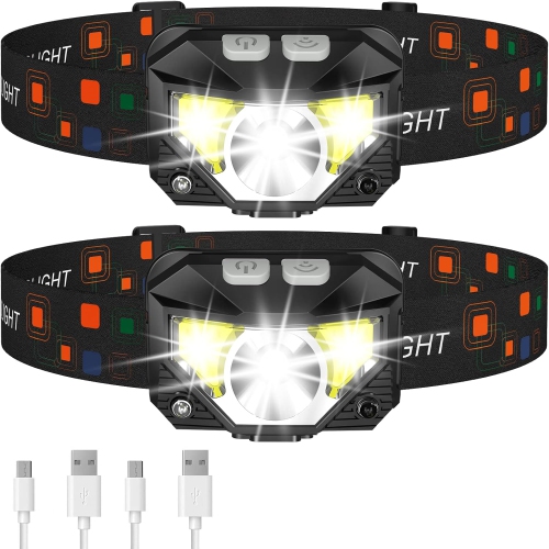 2-Pack Headlamp Flashlight, 1200 Lumen Ultra-Light Bright LED Rechargeable Headlight with White Red Light,Waterproof Motion Sensor Head Lamp for